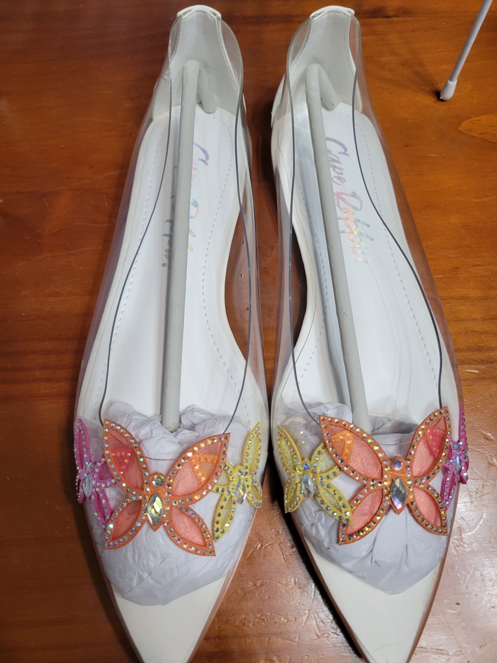 Cape Robbin White Clear Pointed Flats with Multicolor Jewel Flowers